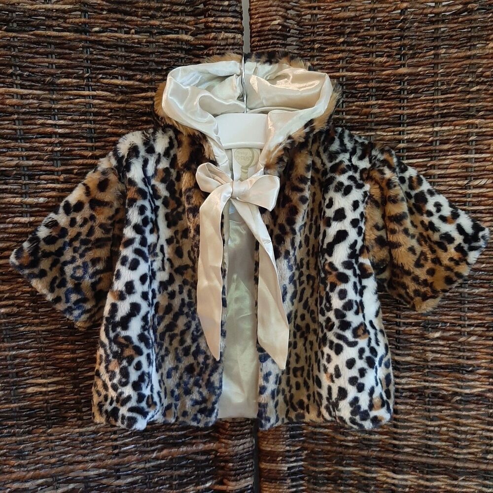 Baby Thro Faux Fur Leopard Print Poncho Coat Baby 0-3 Month Brown Tie Satin Hood